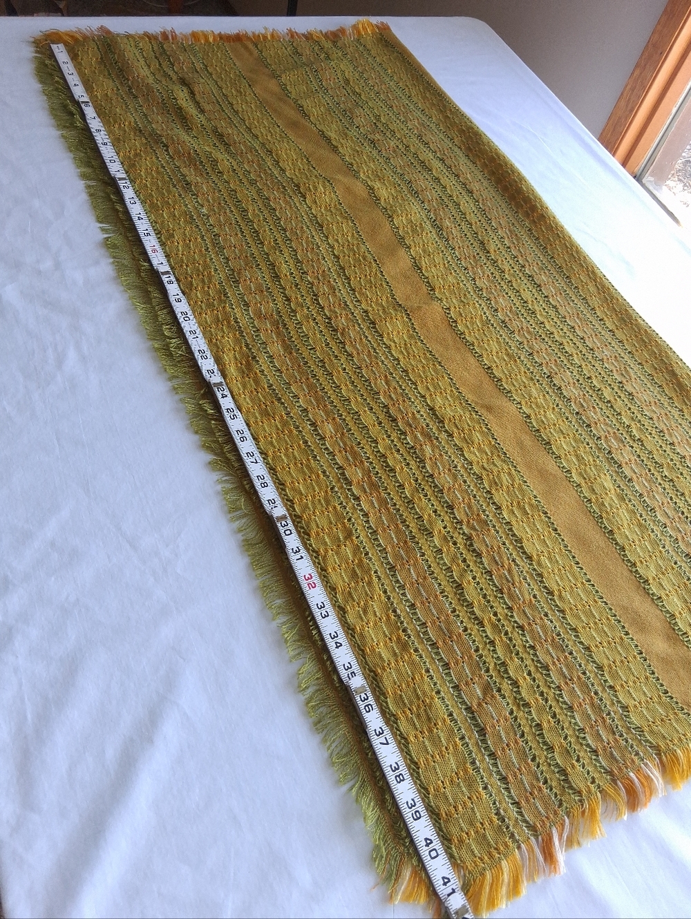 Vintage Tablecloth or Throw Woven Fringed Green Yellow & Orange Square retro 70s - Picture 10 of 12